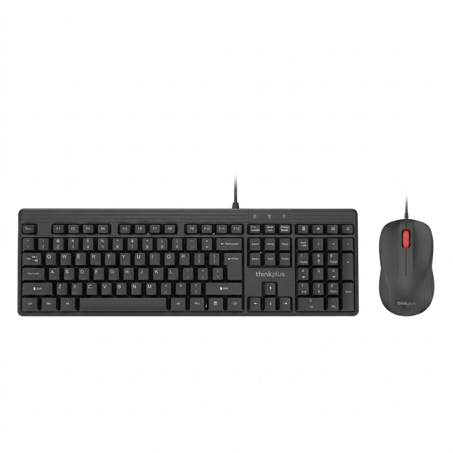 Top view of Lenovo thinkplus KM110 PRO wired keyboard and optical mouse combo.