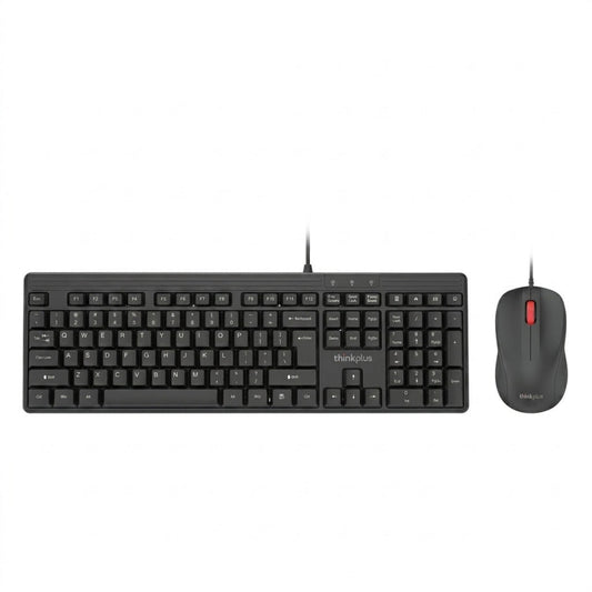 Top view of Lenovo thinkplus KM110 PRO wired keyboard and optical mouse combo.