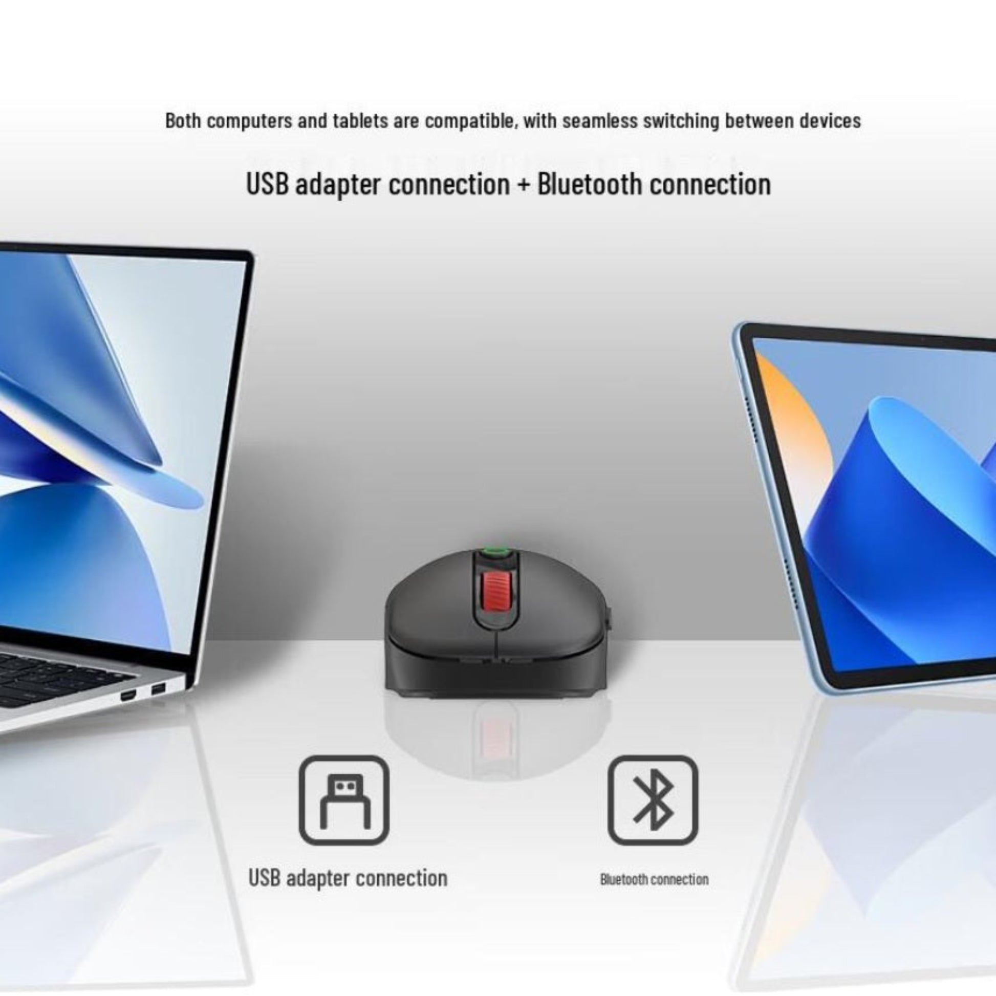 Dual connectivity options showing USB adapter and Bluetooth connection for computers and tablets.