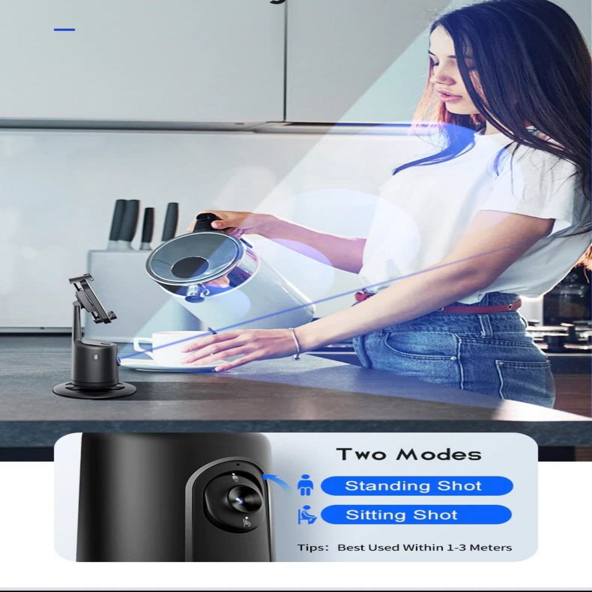 Auto Tracking Phone Holder, Auto Face Tracking Tripod - Black in use with adjustable lens, featuring standing and sitting shot modes.