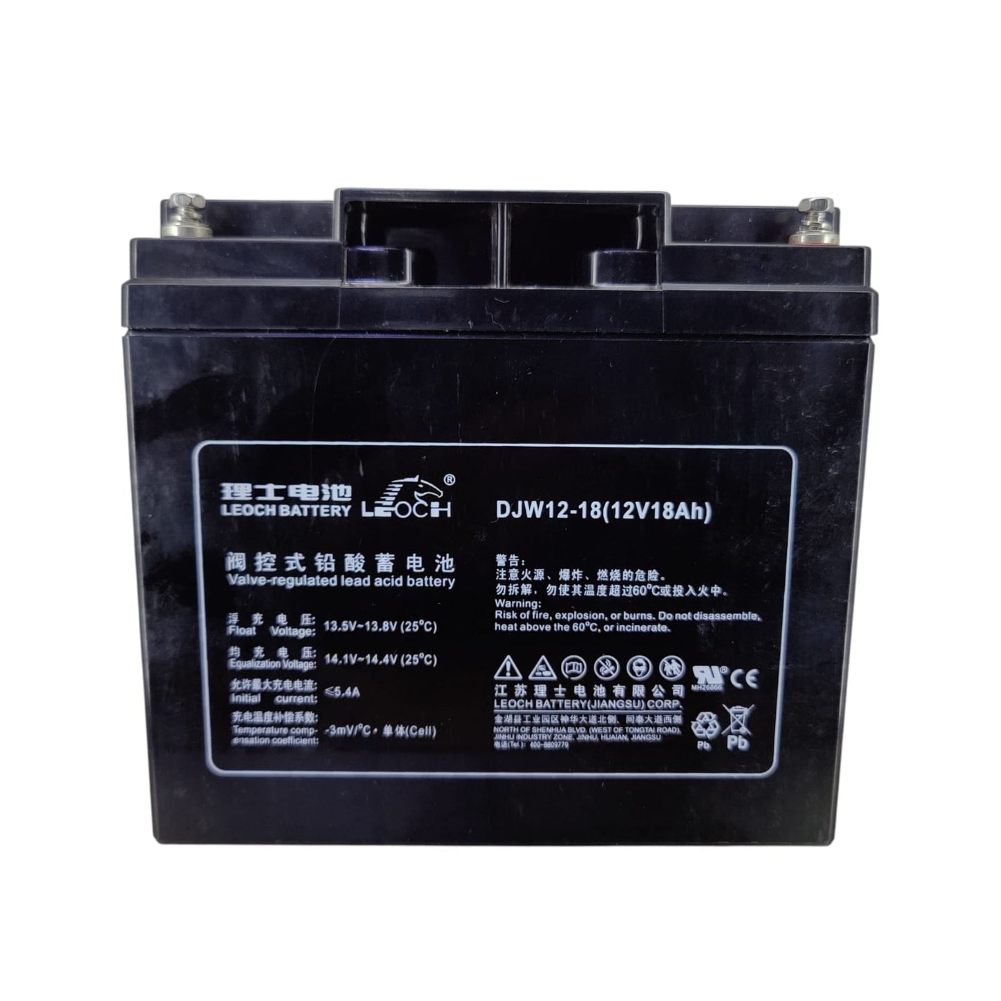 Detailed view of the Leoch 12V 18Ah SLA battery's specifications and warnings label.