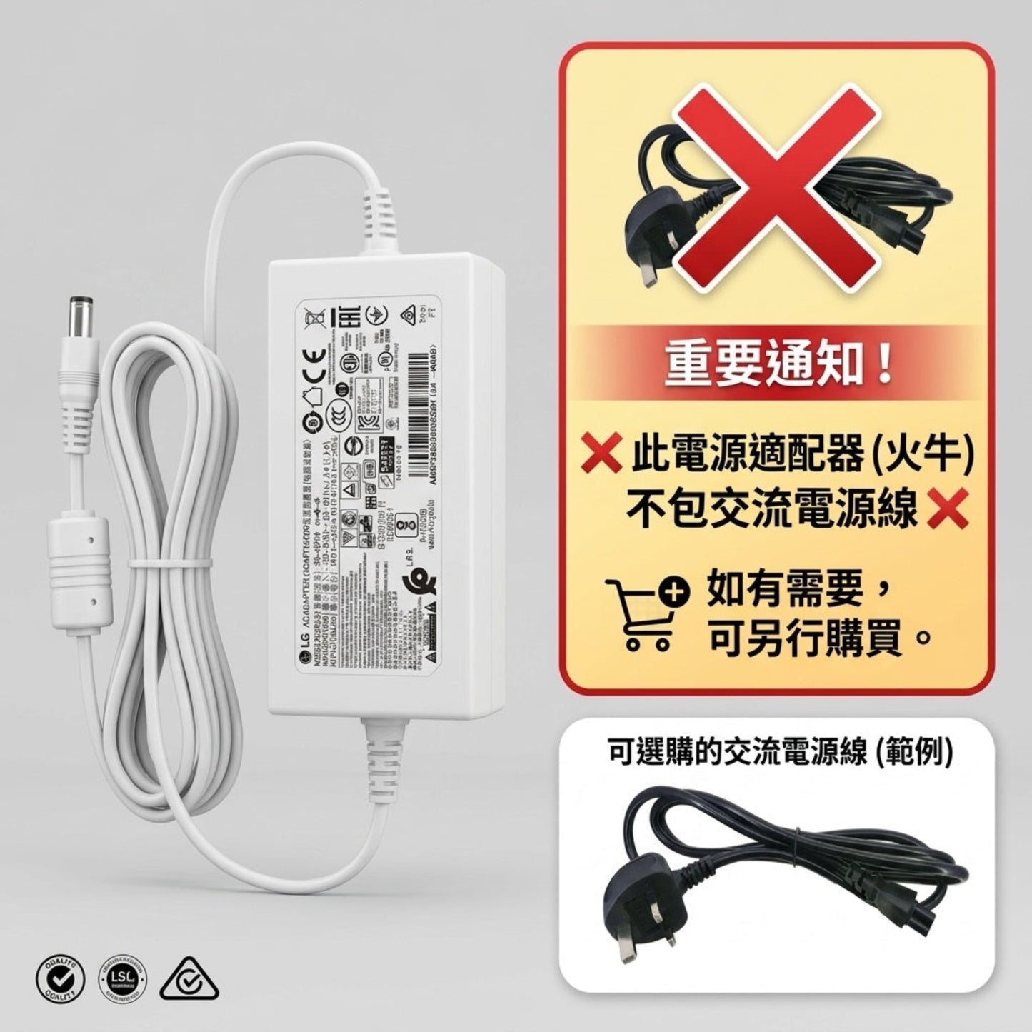 White AC adapter power supply with attached white cable on a light gray background, alongside a yellow warning panel with red text and crossed-out plug icon, plus a small inset showing a black交流 power cord example.