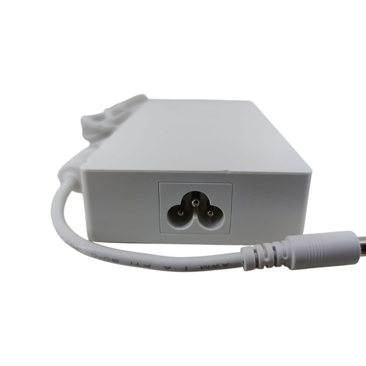 Side view of LG power brick showing 3-prong C5 Mickey Mouse input port.