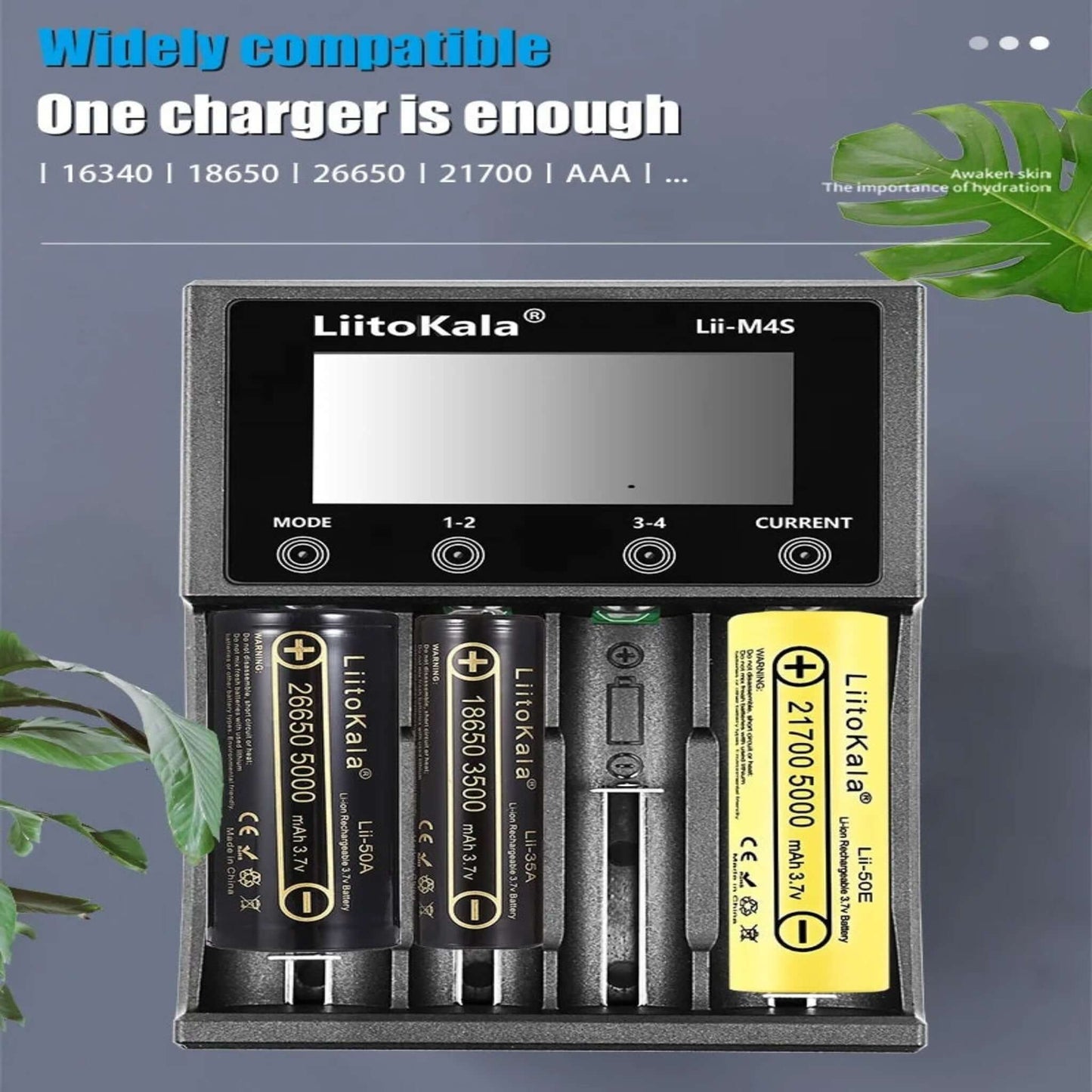 LiitoKala Lii-M4S charging 26650, 18650, and 21700 lithium batteries simultaneously.