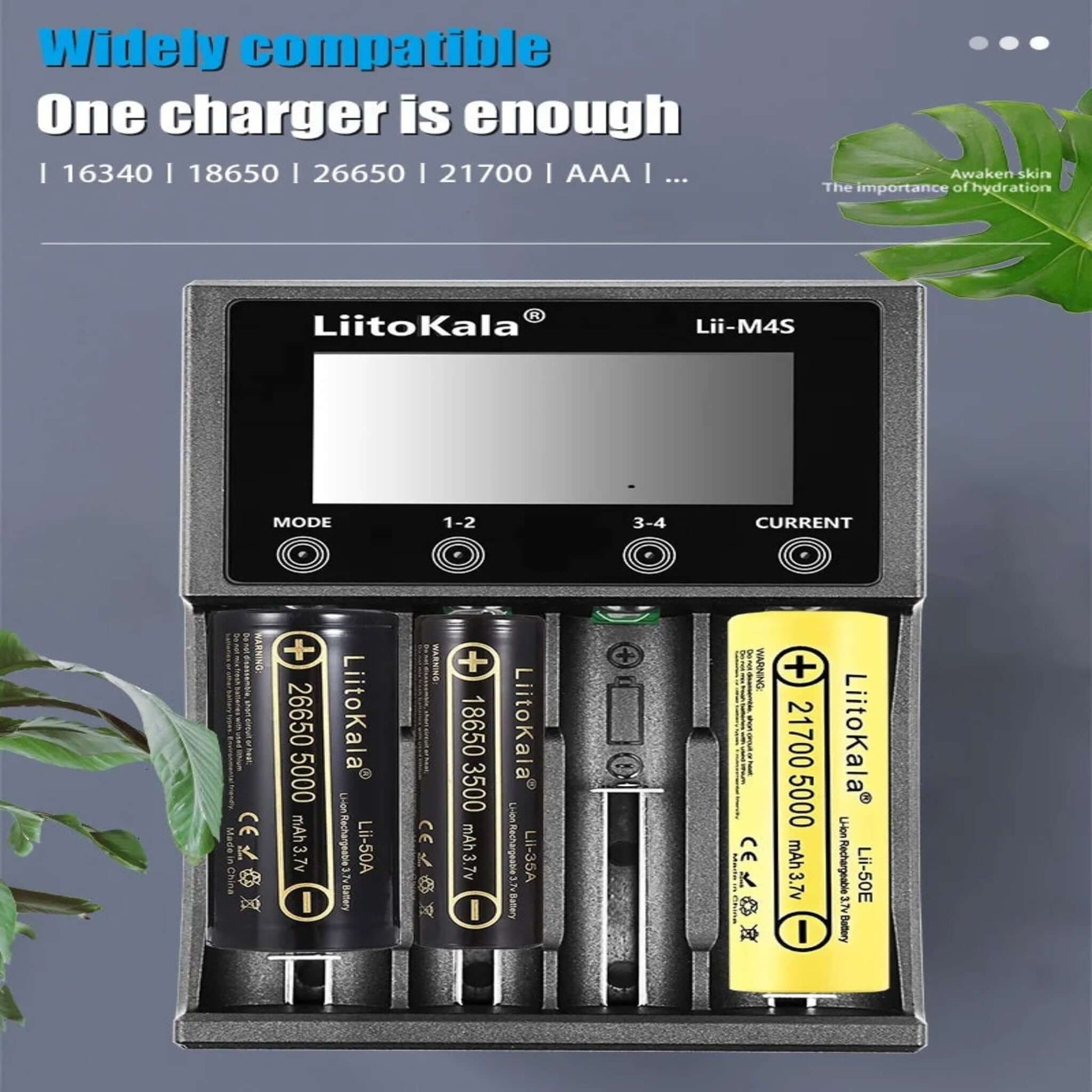 LiitoKala Lii-M4S charging 26650, 18650, and 21700 lithium batteries simultaneously.
