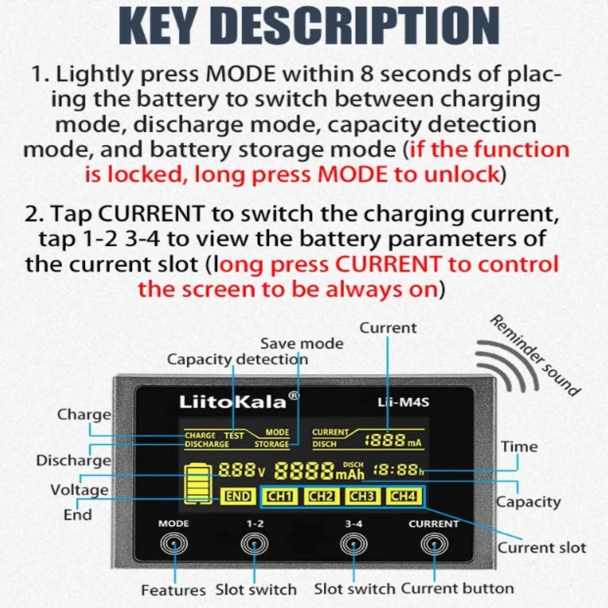 Detailed guide for Lii-M4S LCD screen showing mode, voltage, current, time, and capacity data.