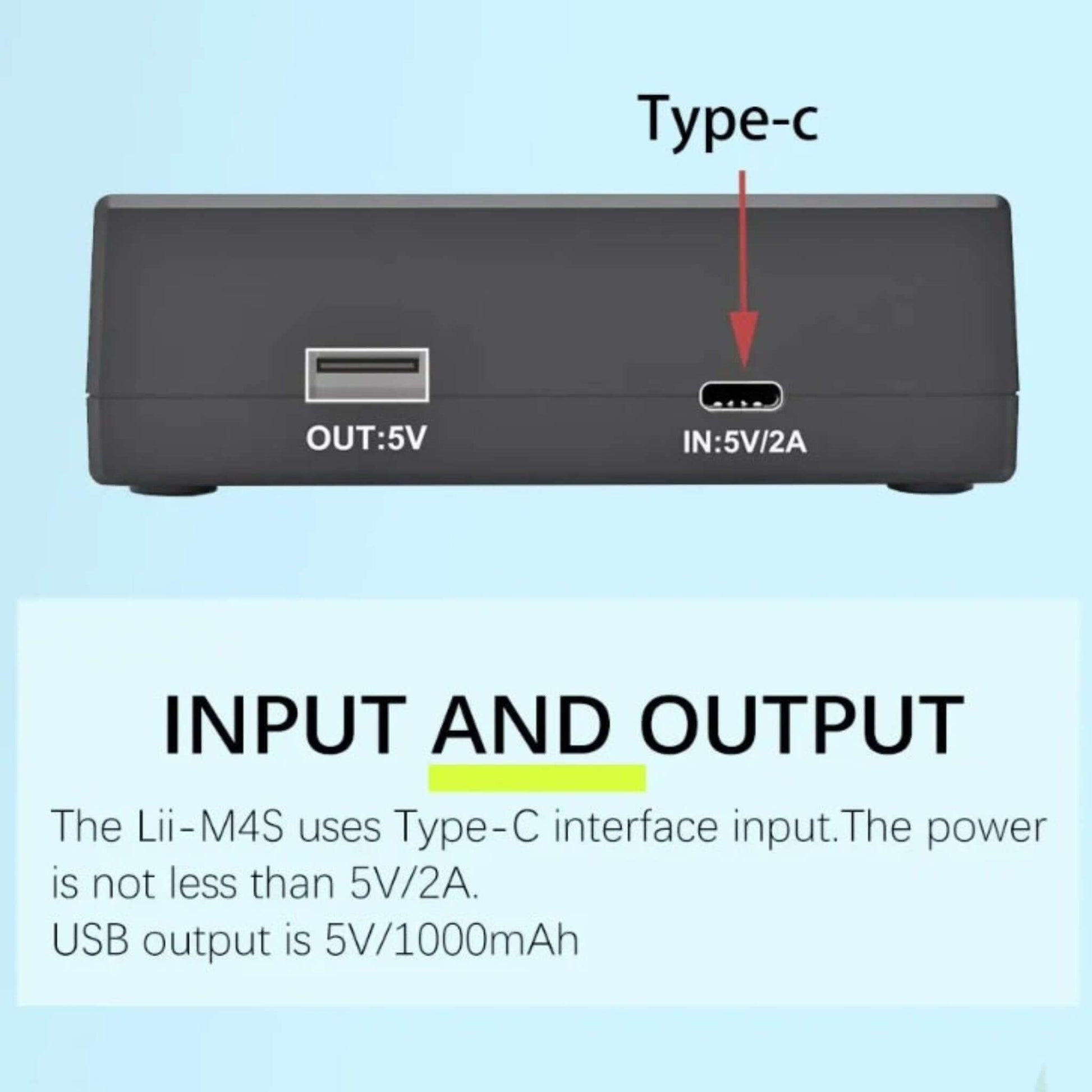 Lii-M4S back view showing Type-C 5V 2A input and 5V USB output ports for power bank function.