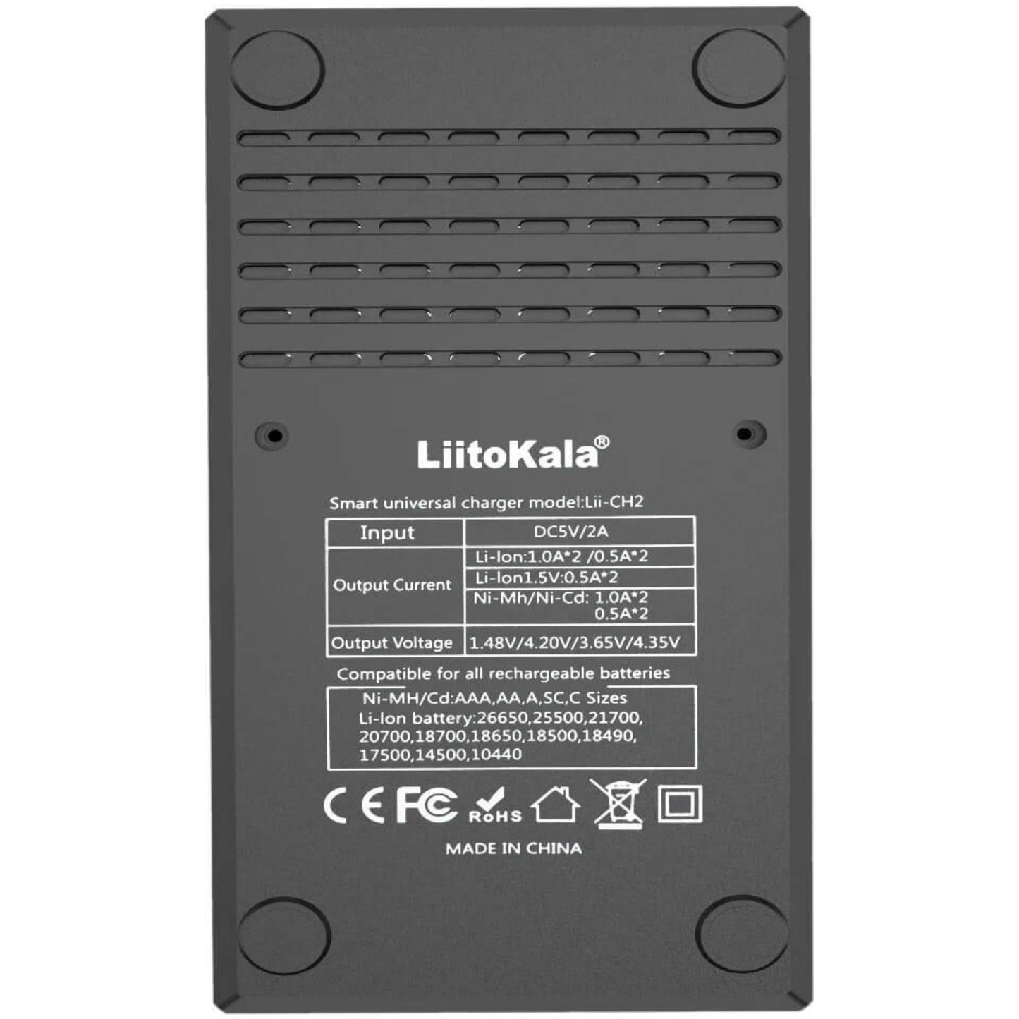 LiitoKala Lii-CH2 smart charger back view with specifications for lithium and nickel batteries.