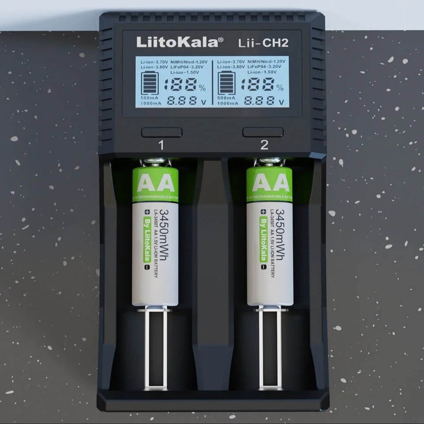 LiitoKala Lii-CH2 Smart Charger displaying charging status for AA batteries on a black countertop.