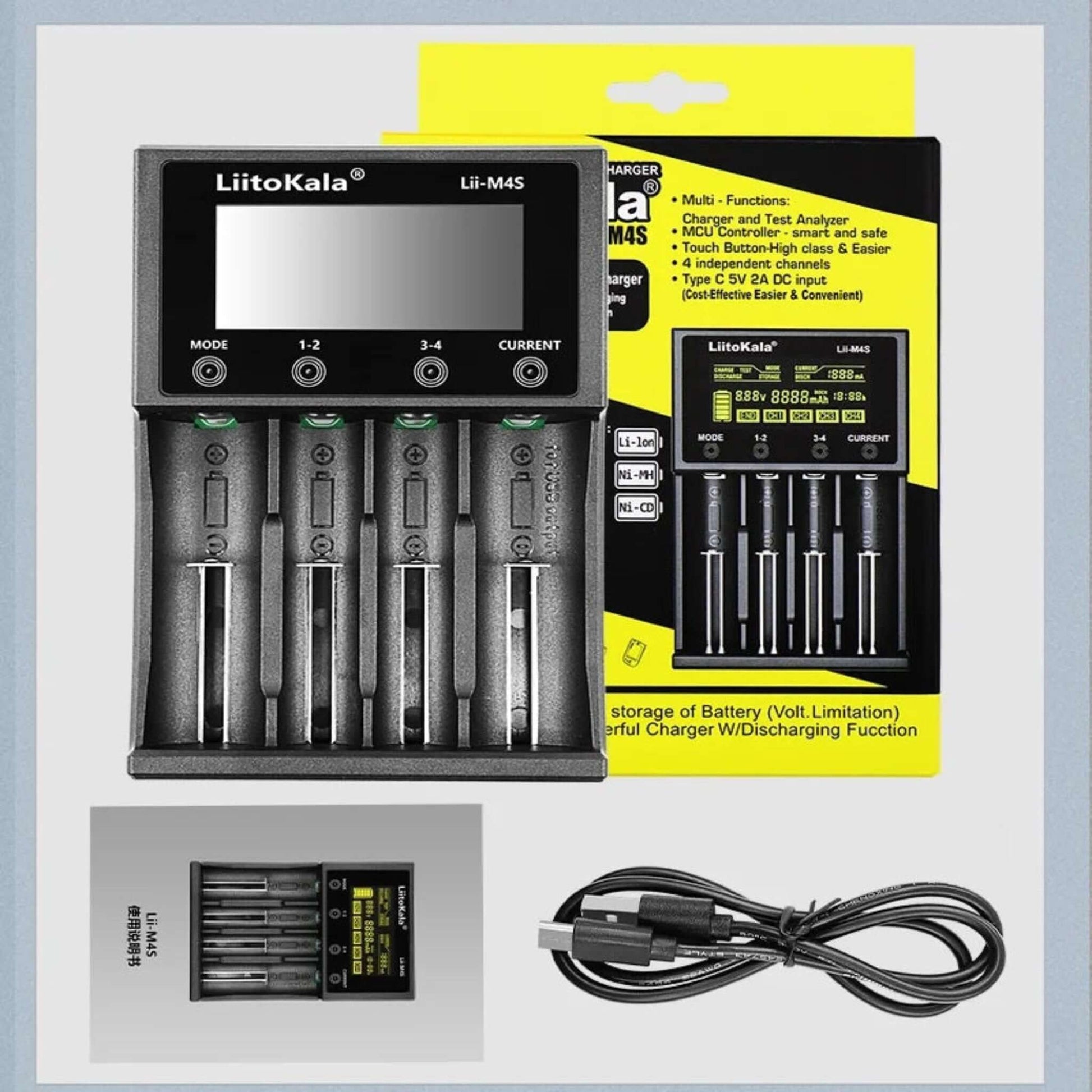 LiitoKala Lii-M4S box contents: smart charger, USB-C cable, and user manual.