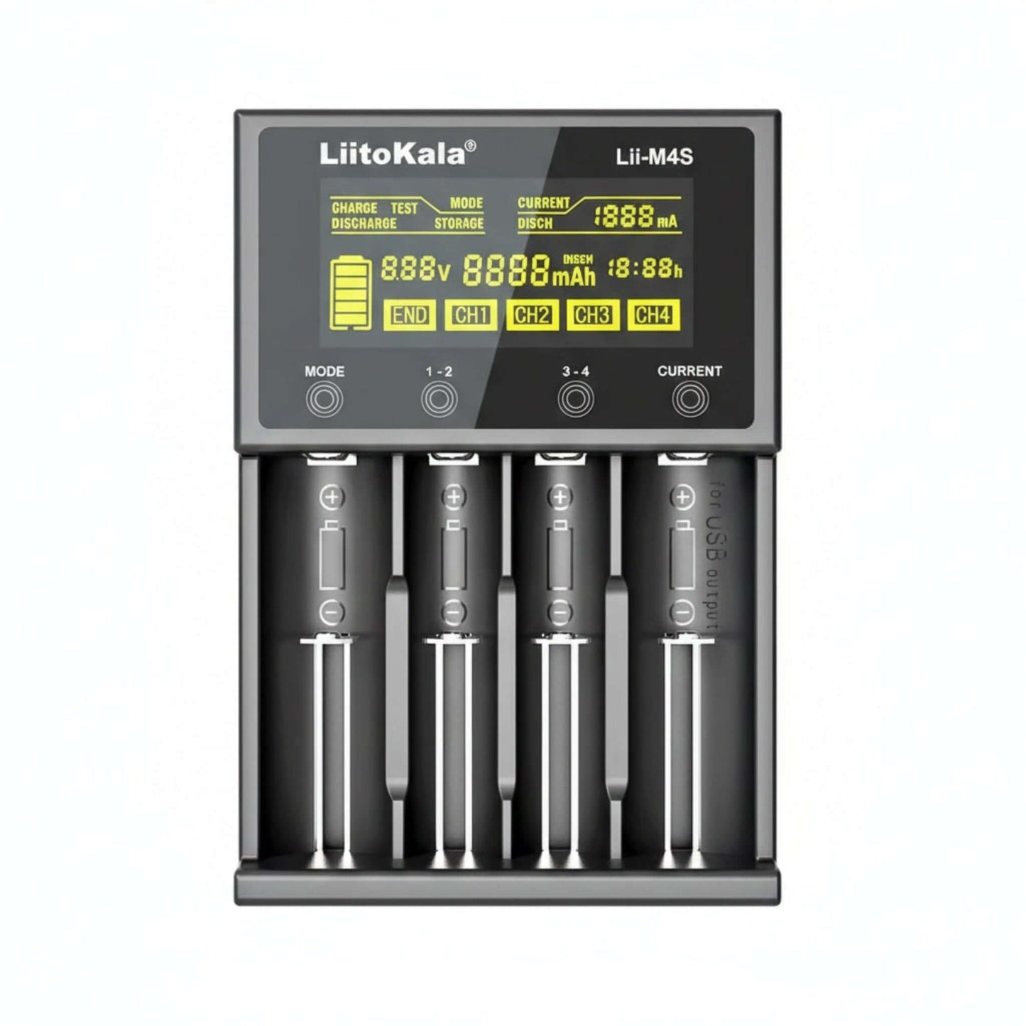 LiitoKala Lii-M4S 4-slot smart battery charger with touch LCD display for 18650 and 21700 batteries.