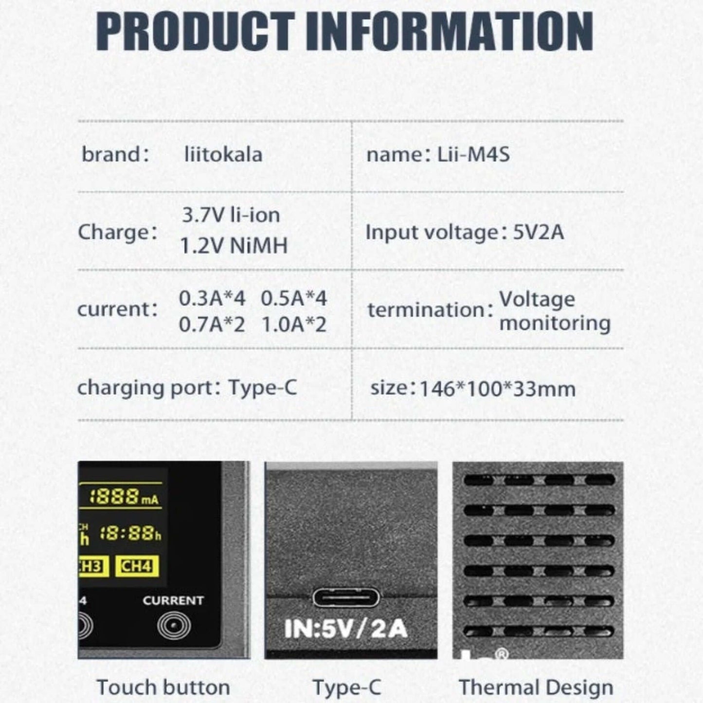 Technical specs for Lii-M4S including 5V 2A input, thermal design, and touch button features.