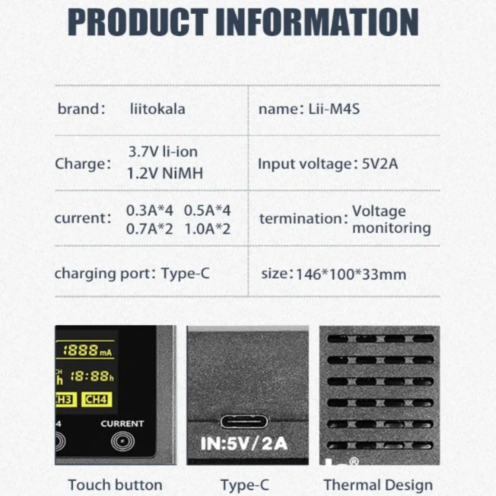 Technical specs for Lii-M4S including 5V 2A input, thermal design, and touch button features.