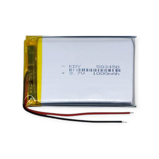 Front view of a 3.7V 1000mAh LiPo battery, model 503450, showing specifications and red/black connection wires.