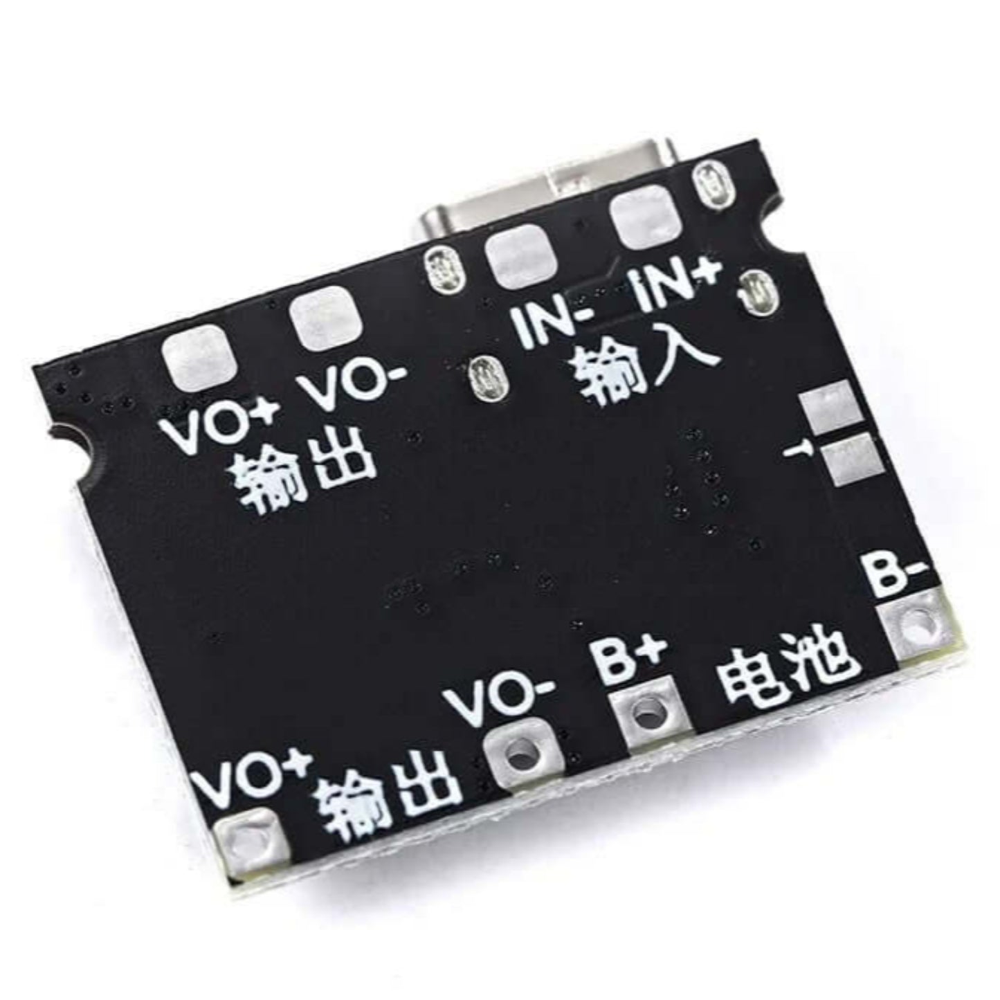 Lithium Li-ion 18650 charger board DC-DC step up boost module with labeled input and output terminals.