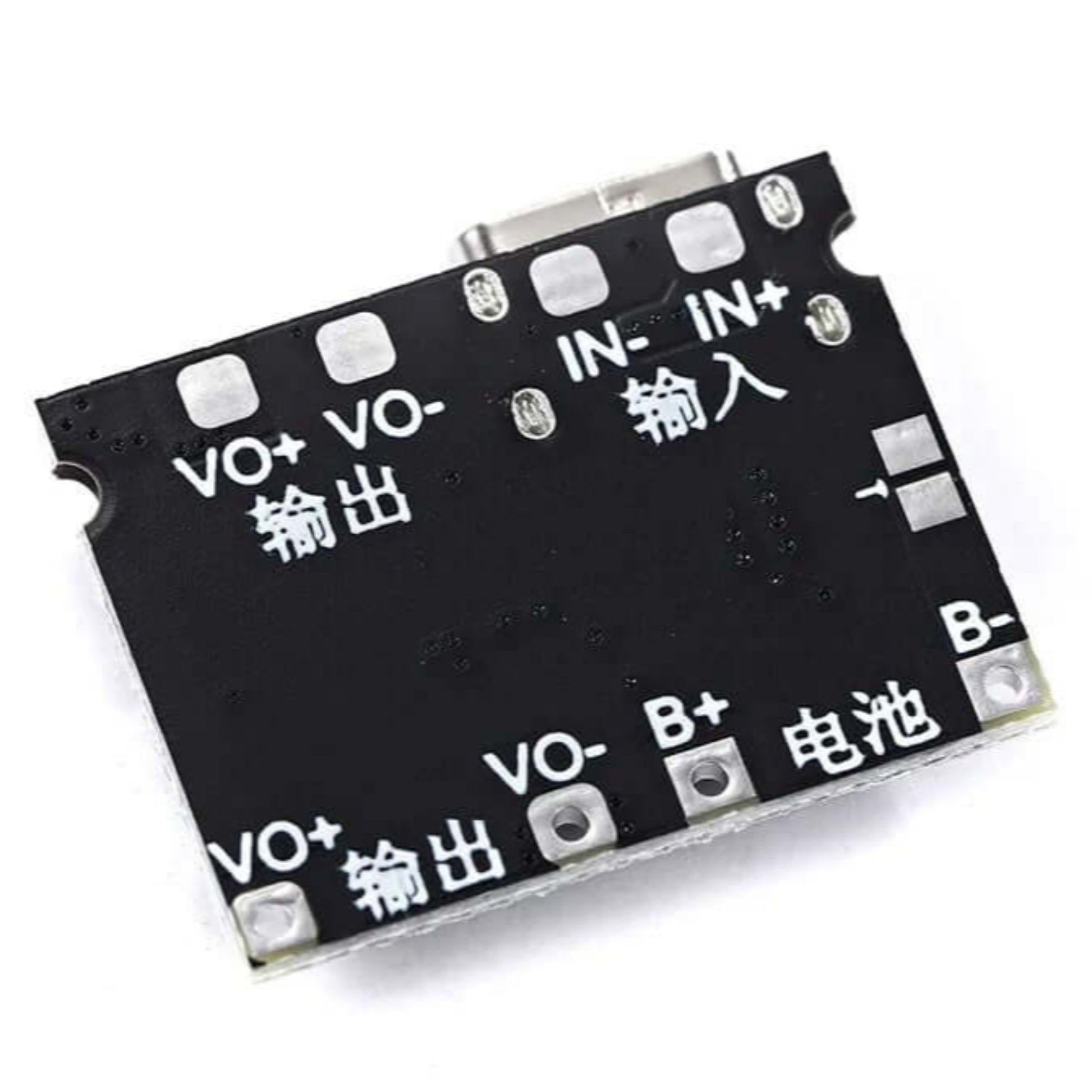 Lithium Li-ion 18650 charger board DC-DC step up boost module with labeled input and output terminals.