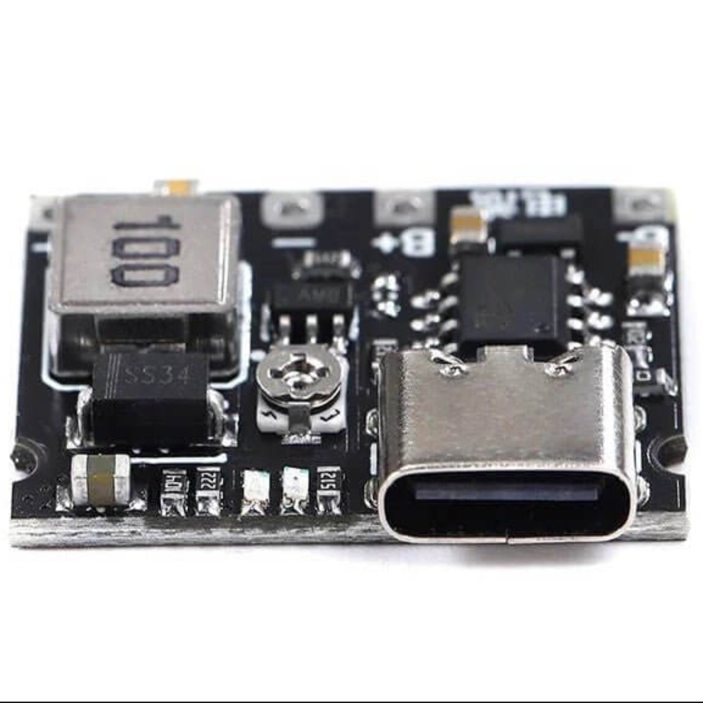 Lithium Li-ion 18650 3.7V 4.2V step up boost module with USB-C connector for DIY projects.