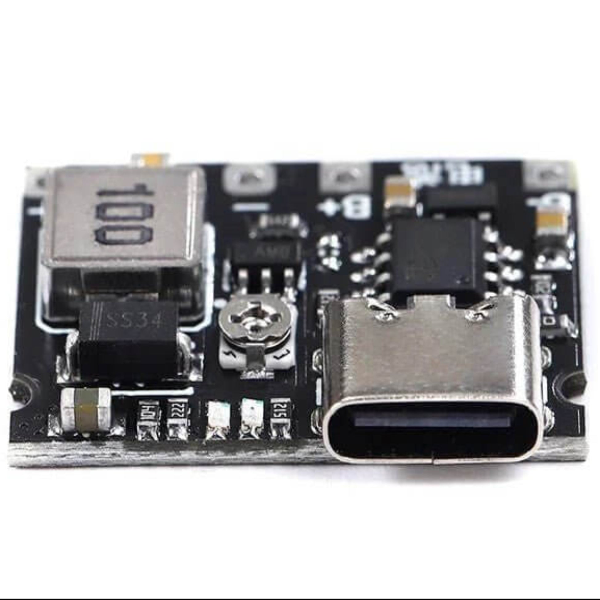 Lithium Li-ion 18650 3.7V 4.2V step up boost module with USB-C connector for DIY projects.