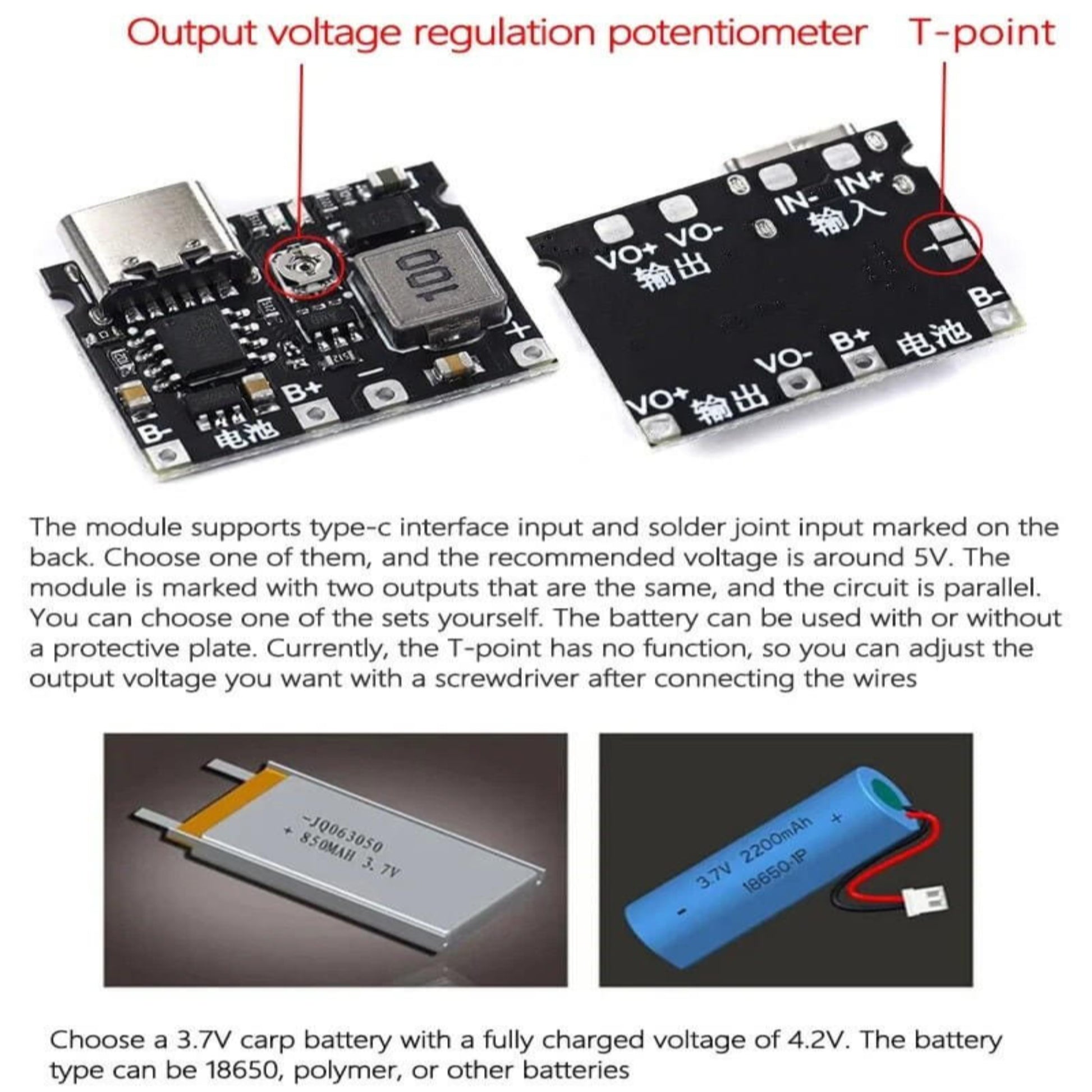 Lithium Li-ion 18650 boost module with voltage regulation potentiometer and battery connection points for DIY projects.