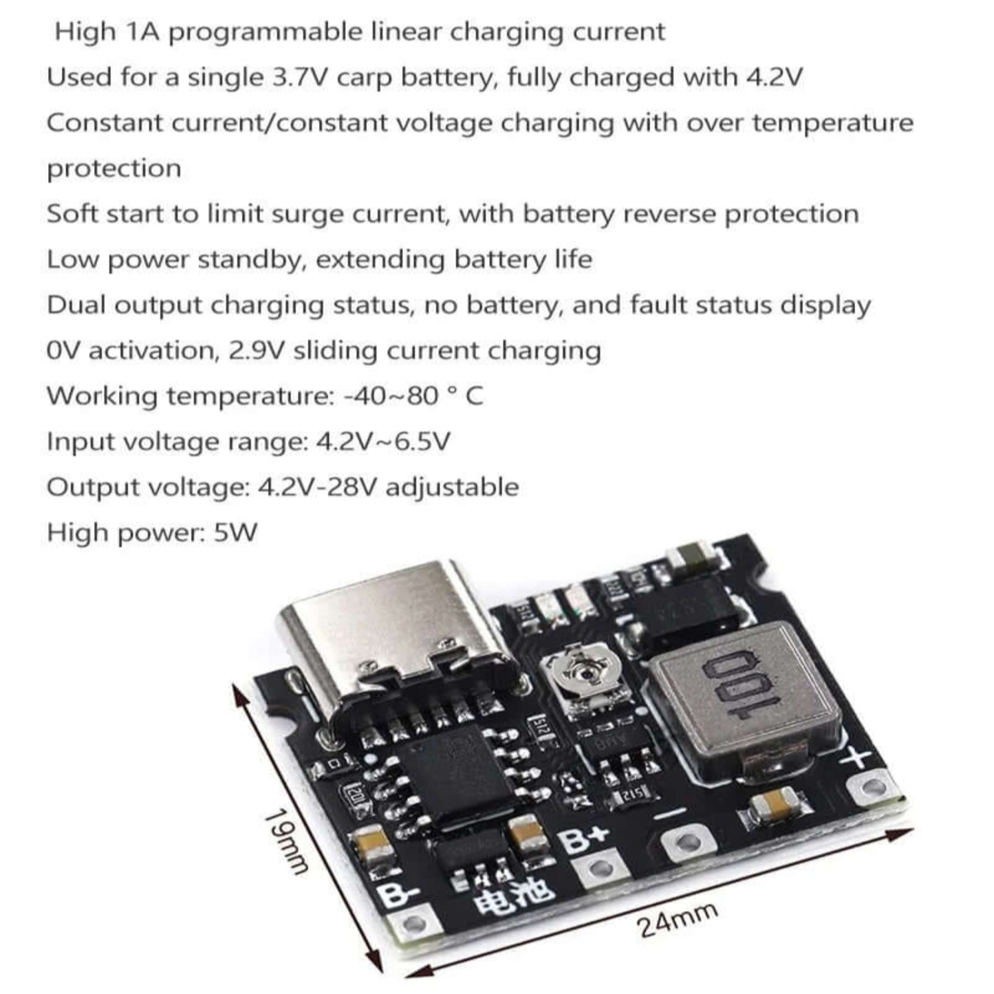 Lithium Li-ion 18650 battery charger board DC-DC step-up boost module with adjustable voltage and safety features.