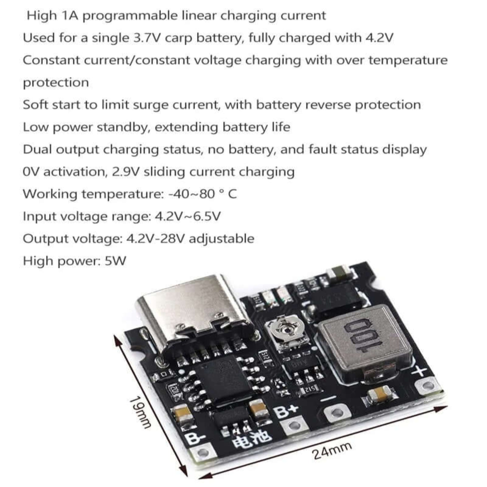 Lithium Li-ion 18650 battery charger board DC-DC step-up boost module with adjustable voltage and safety features.