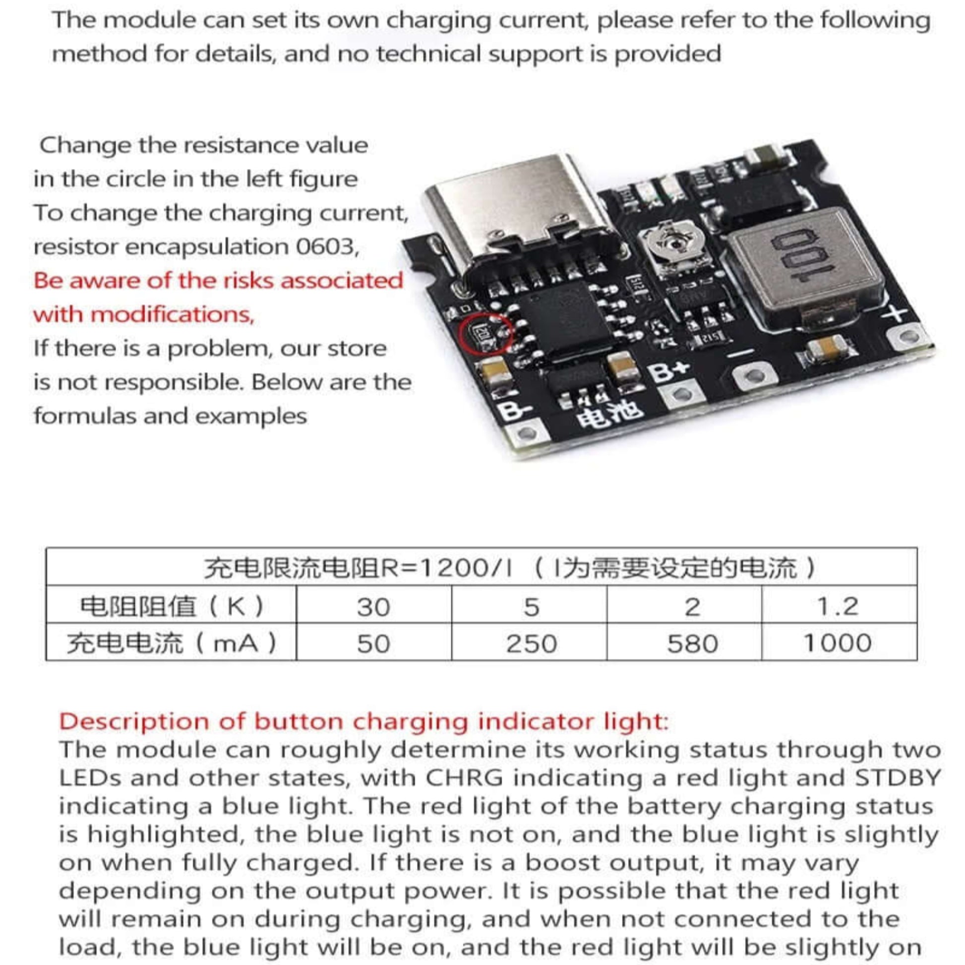 Lithium 18650 battery charger module with adjustable current settings and LED indicators for charge status.