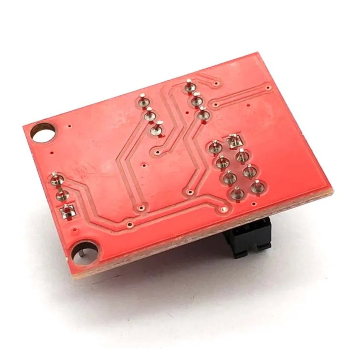 Red PCB bottom view of JY-108 LM358 square wave generator showing soldering points.