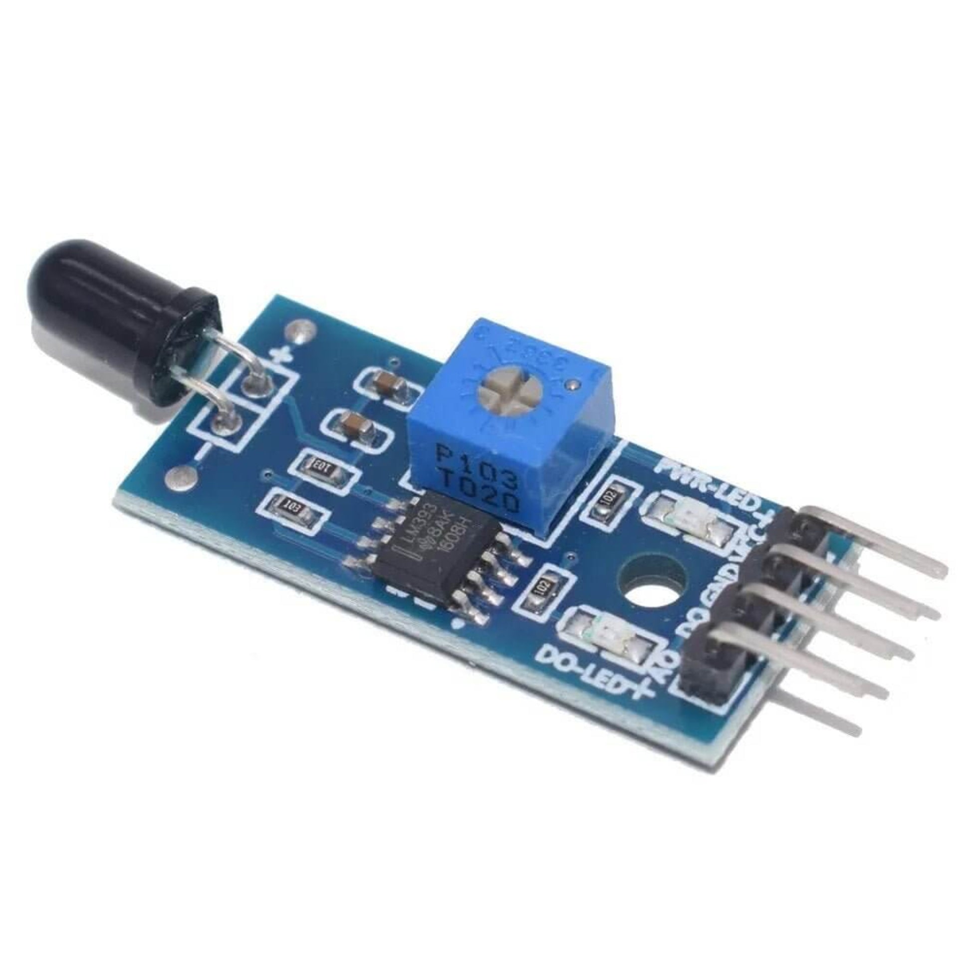 4 Pin IR Flame Sensor Module for Arduino with infrared receiver and adjustable sensitivity.