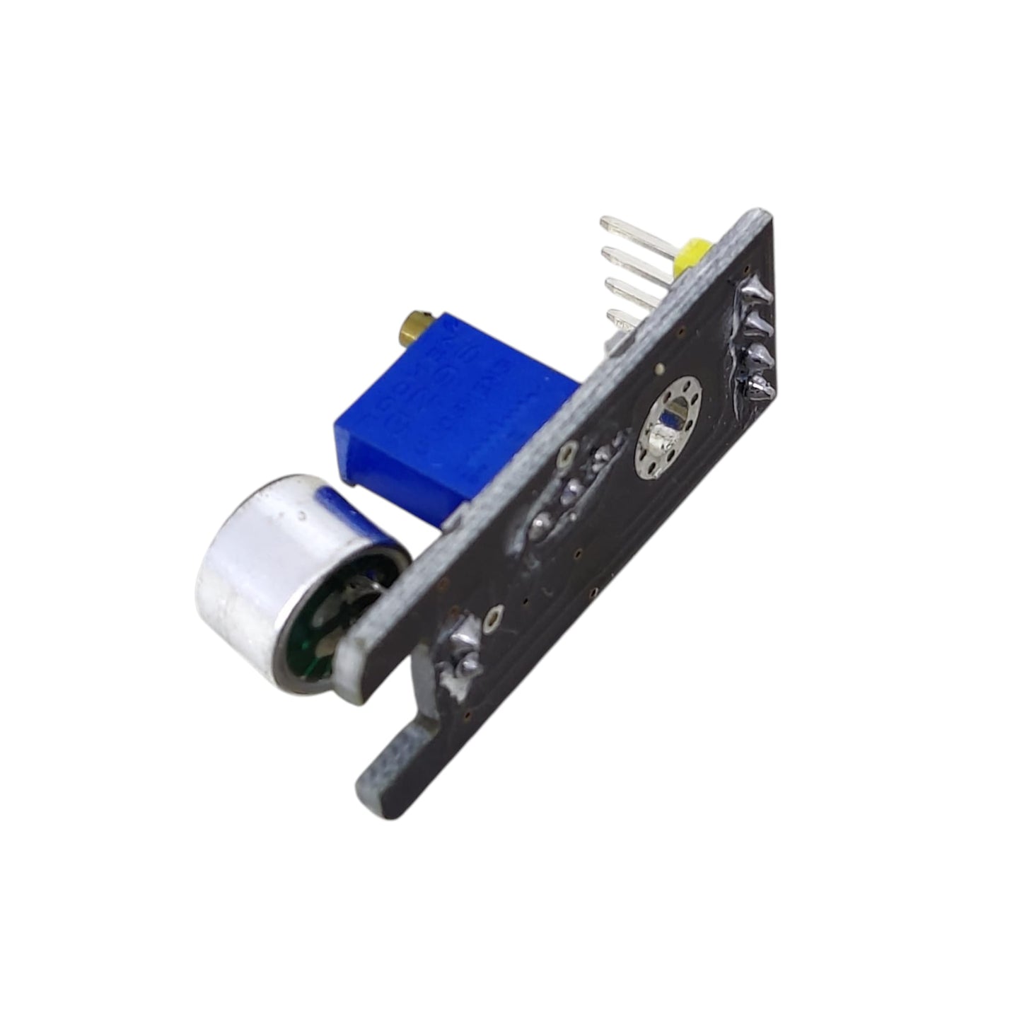 Adjustable blue potentiometer on the sound detection module for threshold tuning.