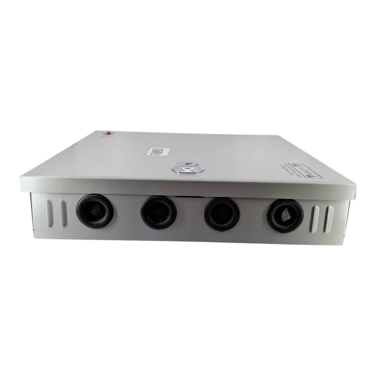 Side angle of the lockable CCTV power box displaying its slim 5cm profile and durable metal enclosure design.
