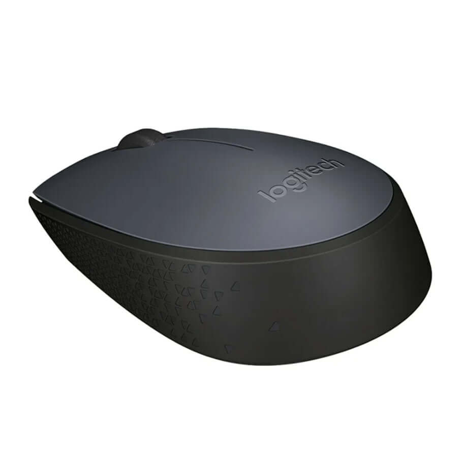 Angled view of dark grey Logitech M170 wireless mouse, highlighting textured side grip and scroll wheel.