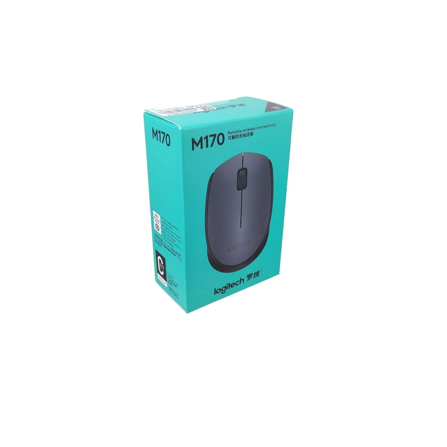 Front view of the product box for the Logitech M170 wireless mouse, displaying the mouse and model name.