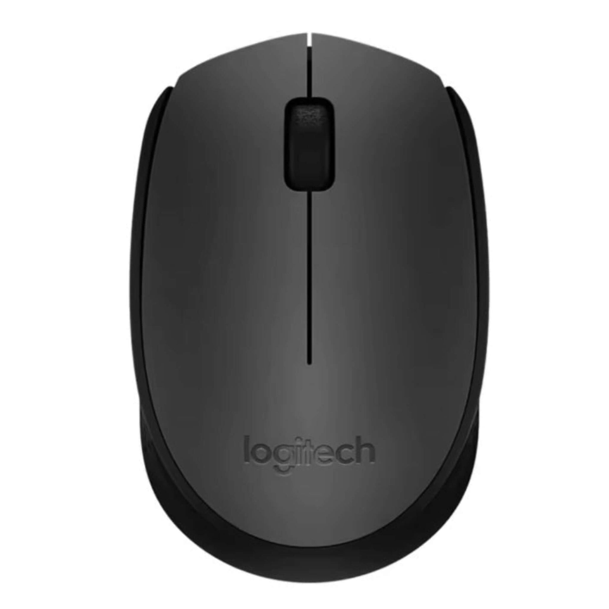 Top view of Logitech M170 wireless mouse in dark grey with scroll wheel and Logitech logo.