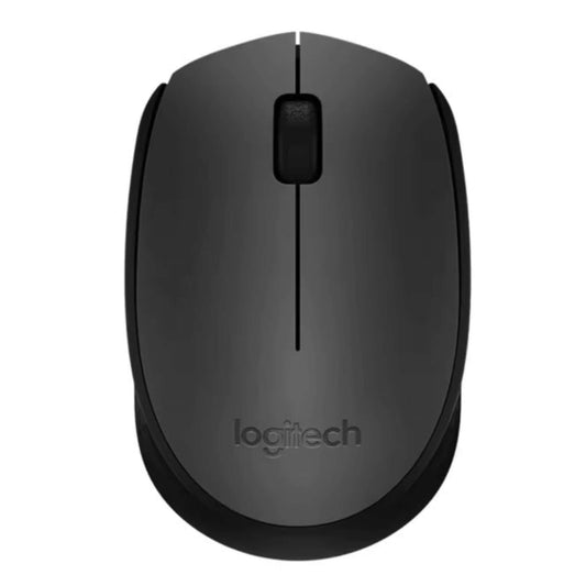 Top view of Logitech M170 wireless mouse in dark grey with scroll wheel and Logitech logo.