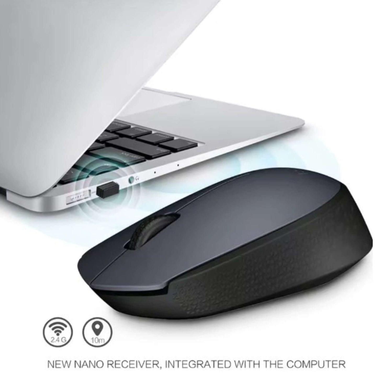 Logitech M170 wireless mouse with its 2.4GHz nano USB receiver plugged into a laptop port.