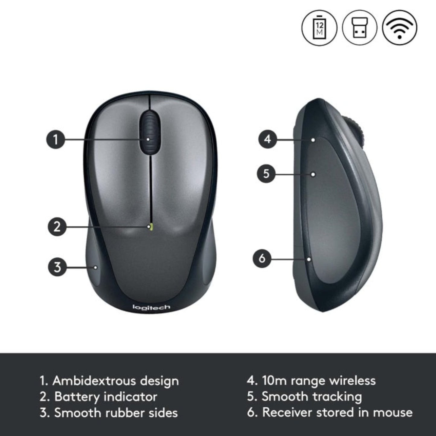 Diagram showing Logitech M235 features including battery indicator and 10m wireless range.