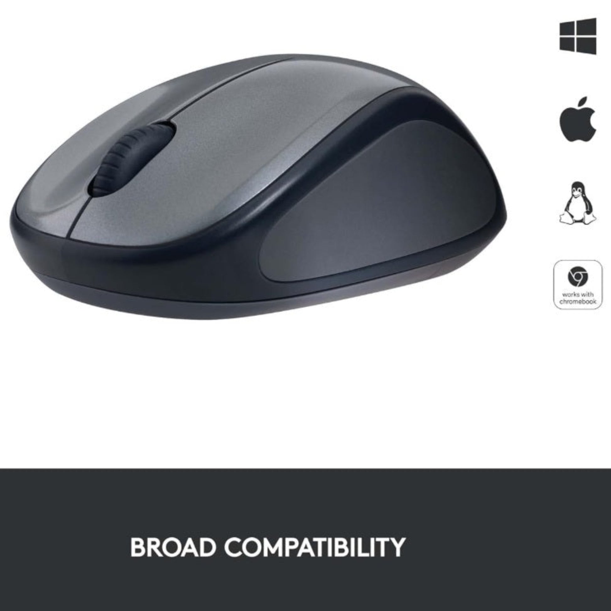 Logitech M235 compatibility icons for Windows, Mac, Linux, and Chromebook.