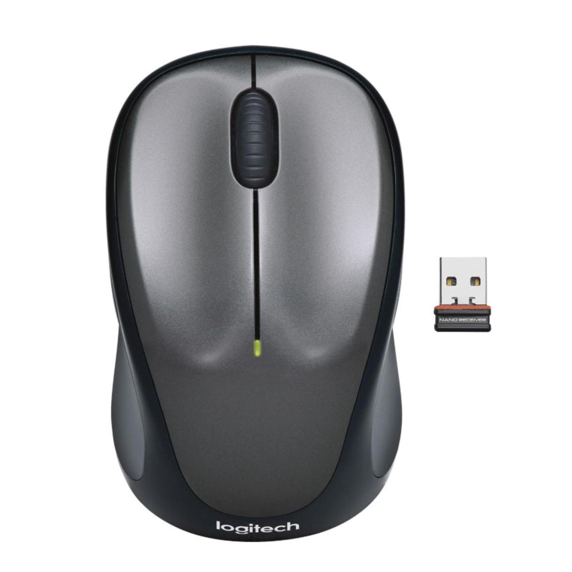 Logitech M235 wireless mouse in grey with Unifying USB nano receiver.
