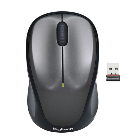 Logitech M235 wireless mouse in grey with Unifying USB nano receiver.