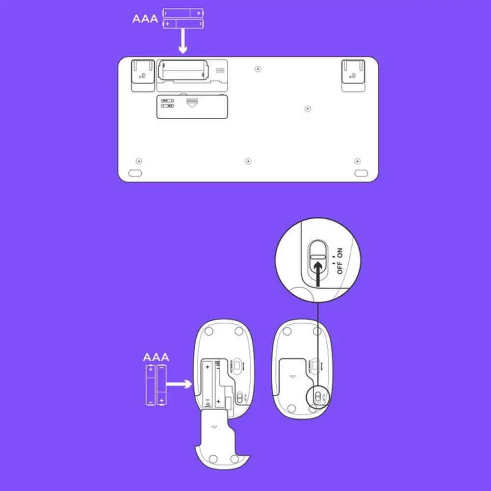 Diagram showing battery installation for Logitech MK245 Keyboard and Mouse, highlighting AAA battery compartments.
