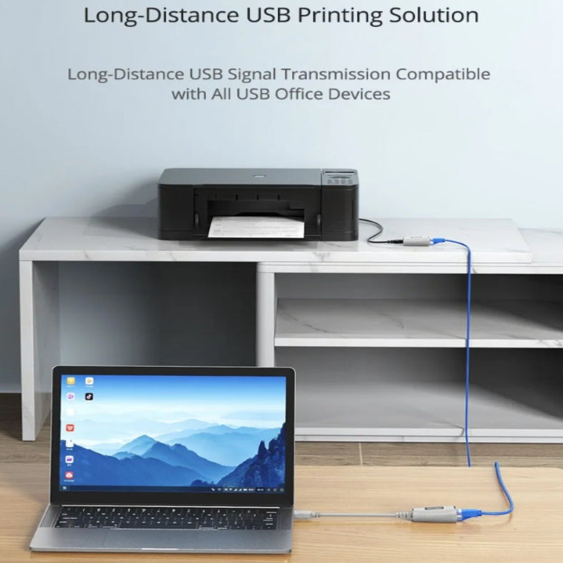 Long-distance USB printing solution compatible with office devices using a blue Ethernet cable.