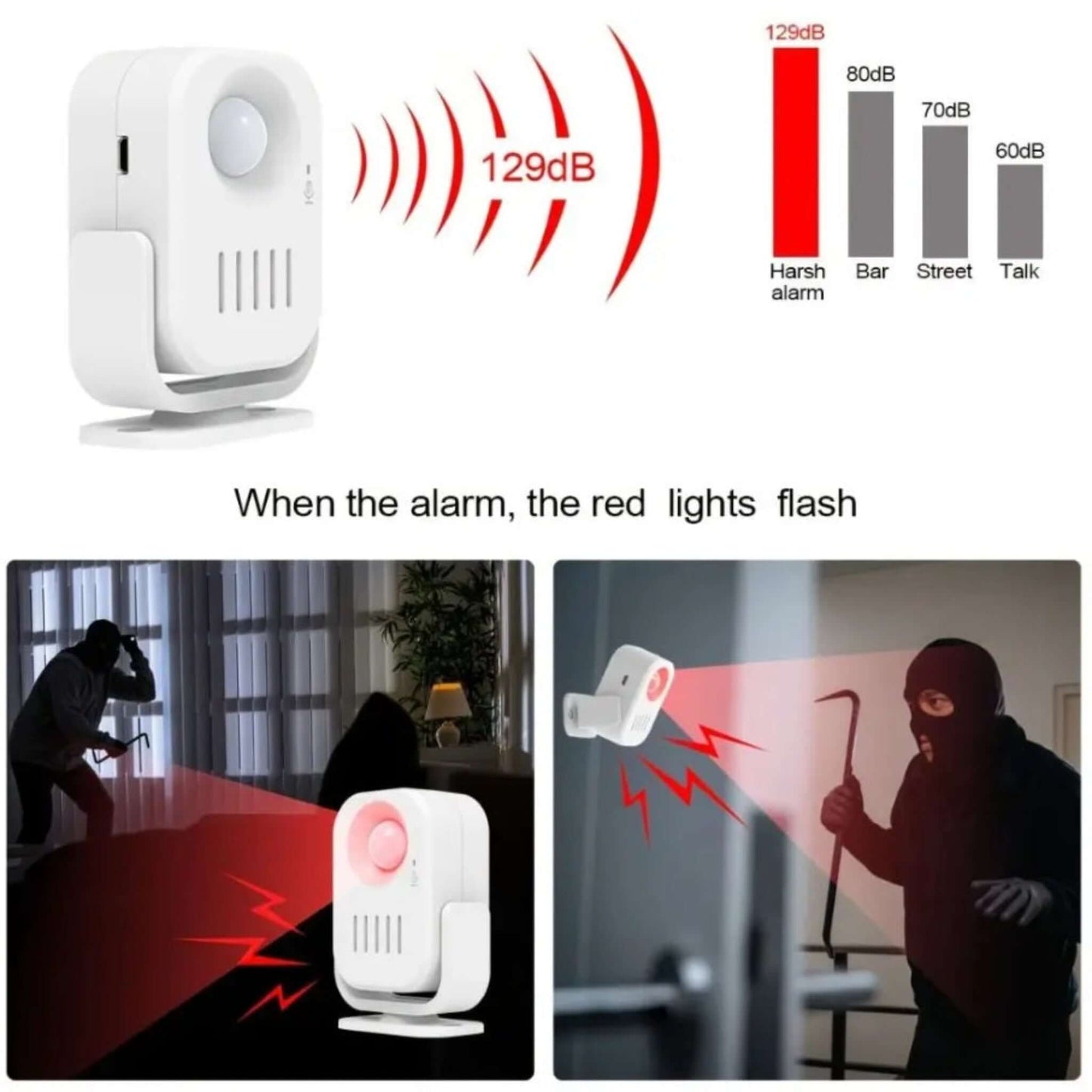 The motion sensor alarm emitting a loud 129dB siren with a flashing red light to deter intruders.