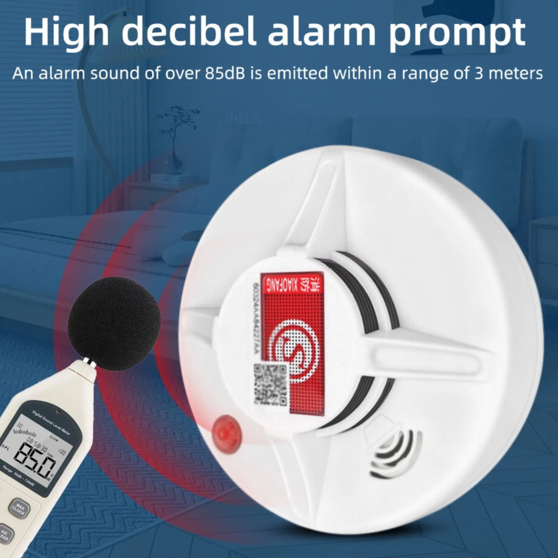 High decibel 85dB smoke alarm sound test for home safety