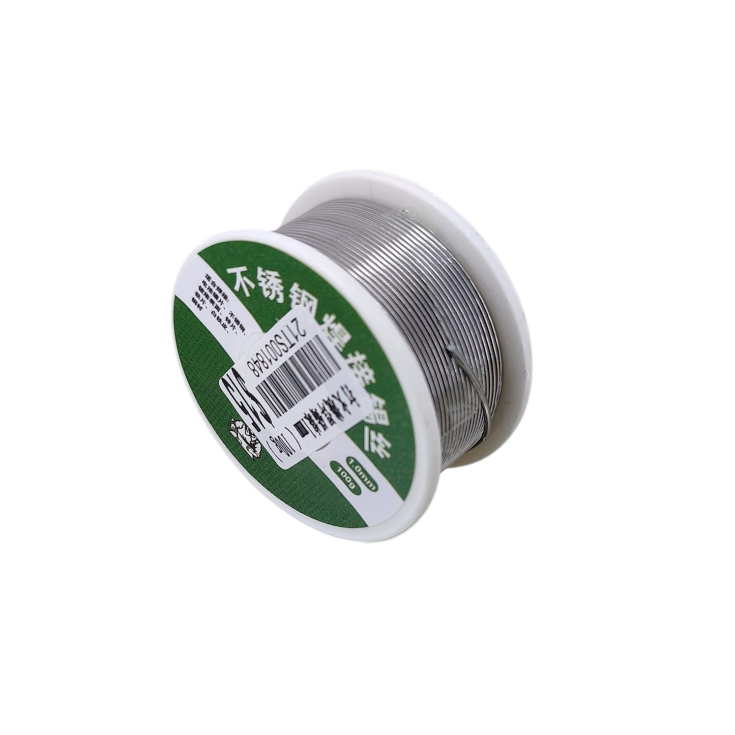 Close-up of flux-cored stainless steel welding solder wire showing 1.0mm diameter and 100g weight.