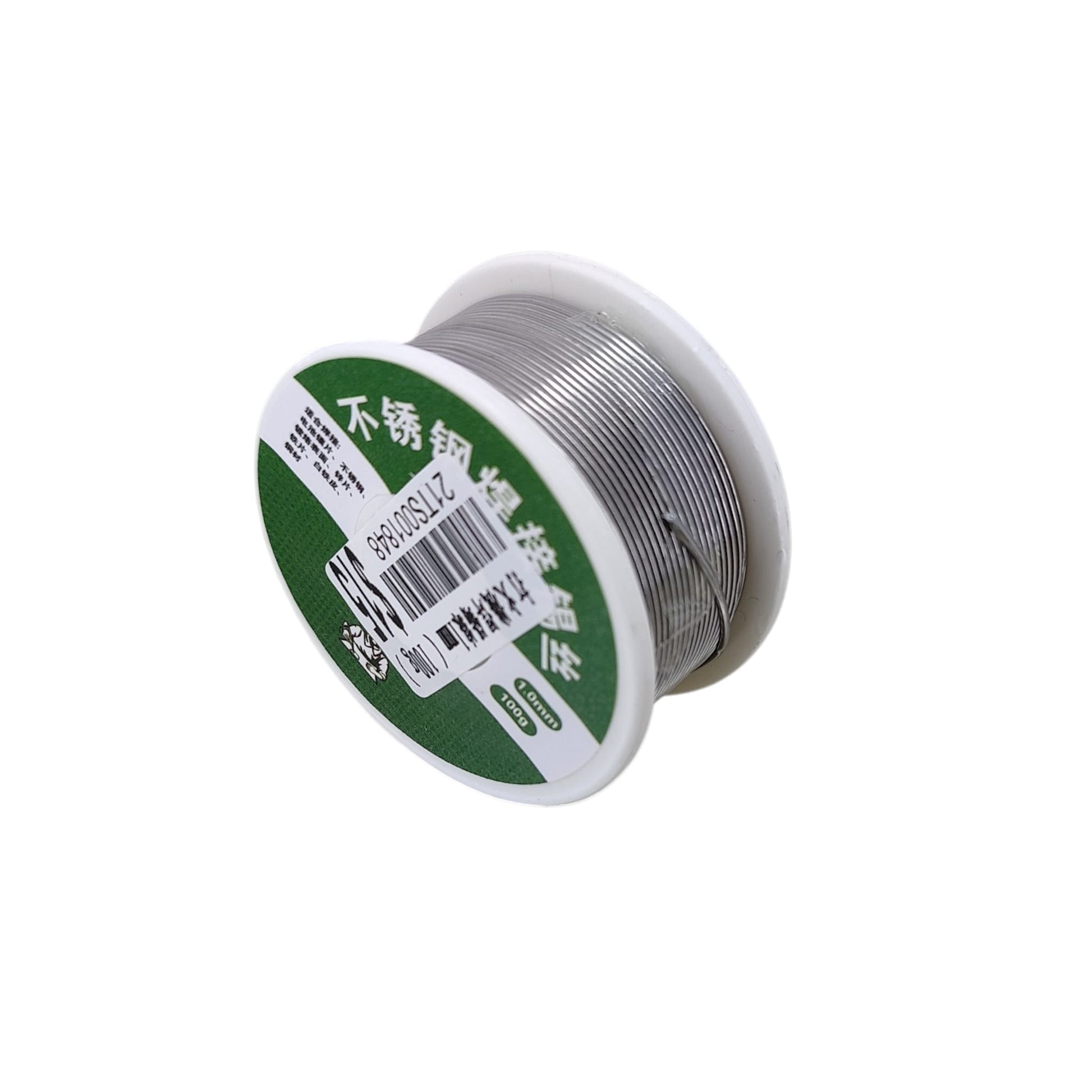 Close-up of flux-cored stainless steel welding solder wire showing 1.0mm diameter and 100g weight.