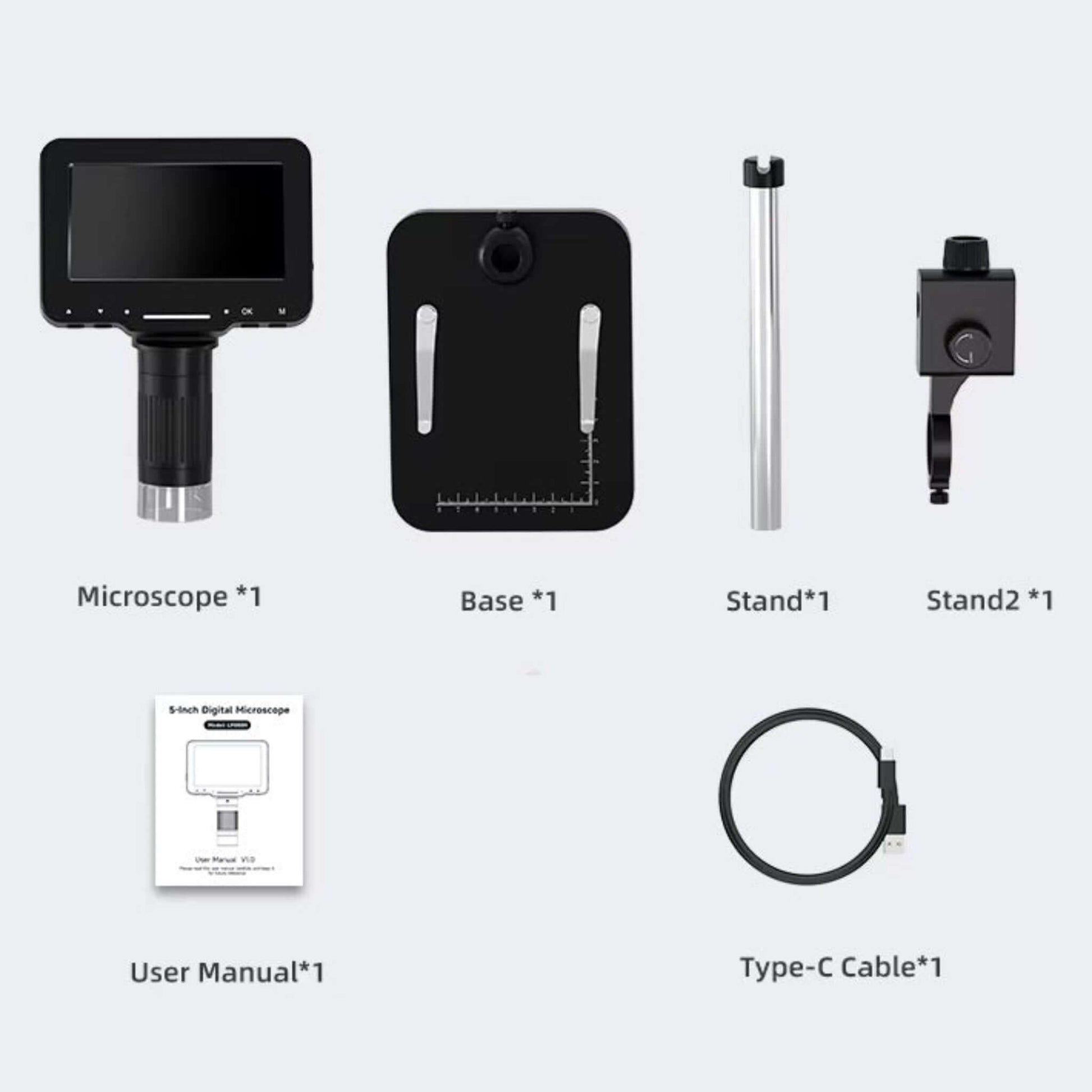 Components of LP050 5-inch digital microscope including user manual, base, stands, and Type-C cable.