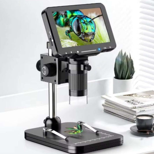 LP050 5-inch digital microscope displaying a colorful insect on the screen, ideal for coin and PCB inspection.