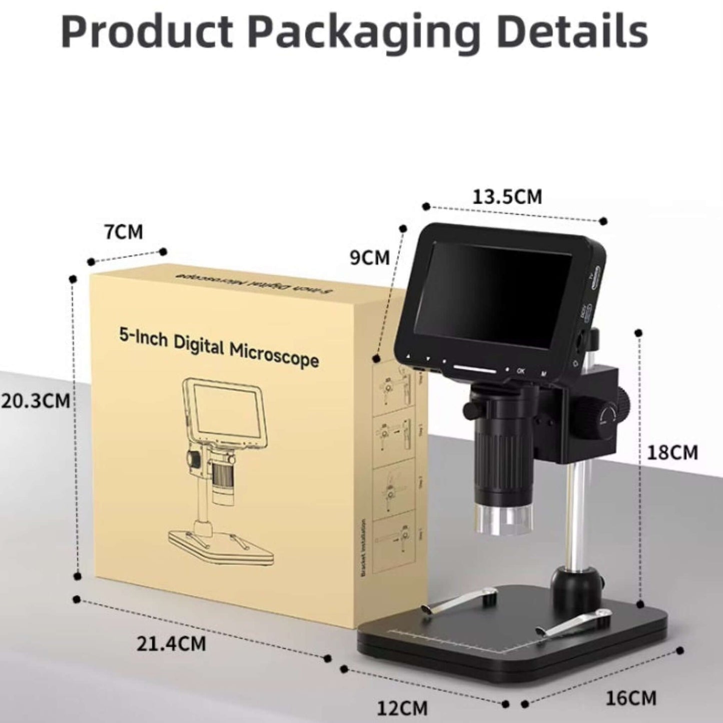 5-inch digital microscope packaging details with dimensions for easy reference and product understanding.
