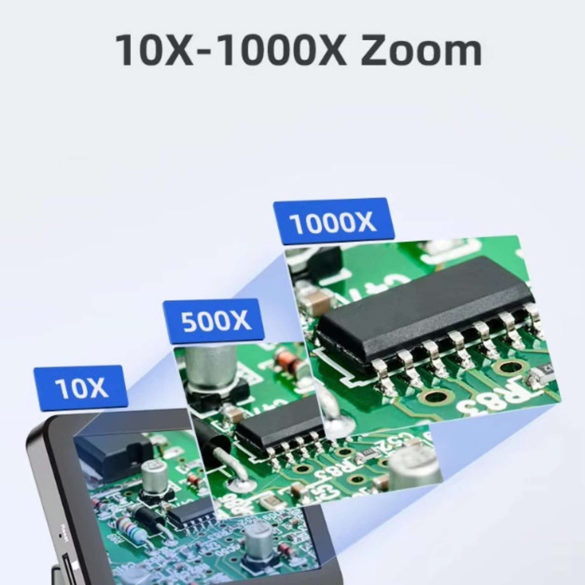 LP050 digital microscope showing 10X, 500X, and 1000X zoom on PCB details.