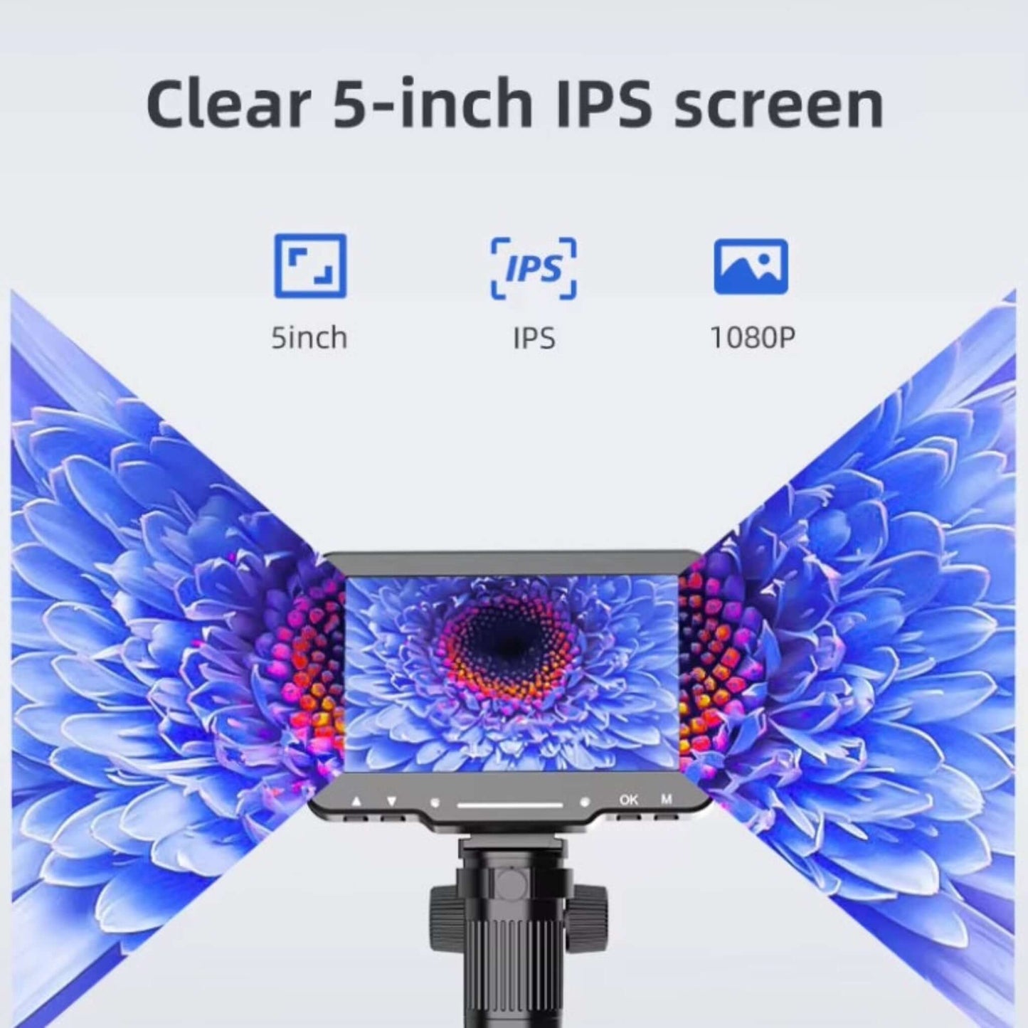5-inch IPS screen of LP050 Digital Microscope showcasing vibrant 1080P resolution and clear details.